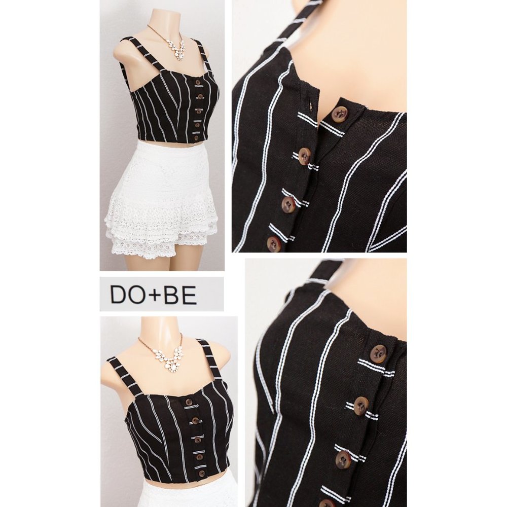 Black Striped Linen Cotton Button Up Cropped Top - Picture 6 of 8